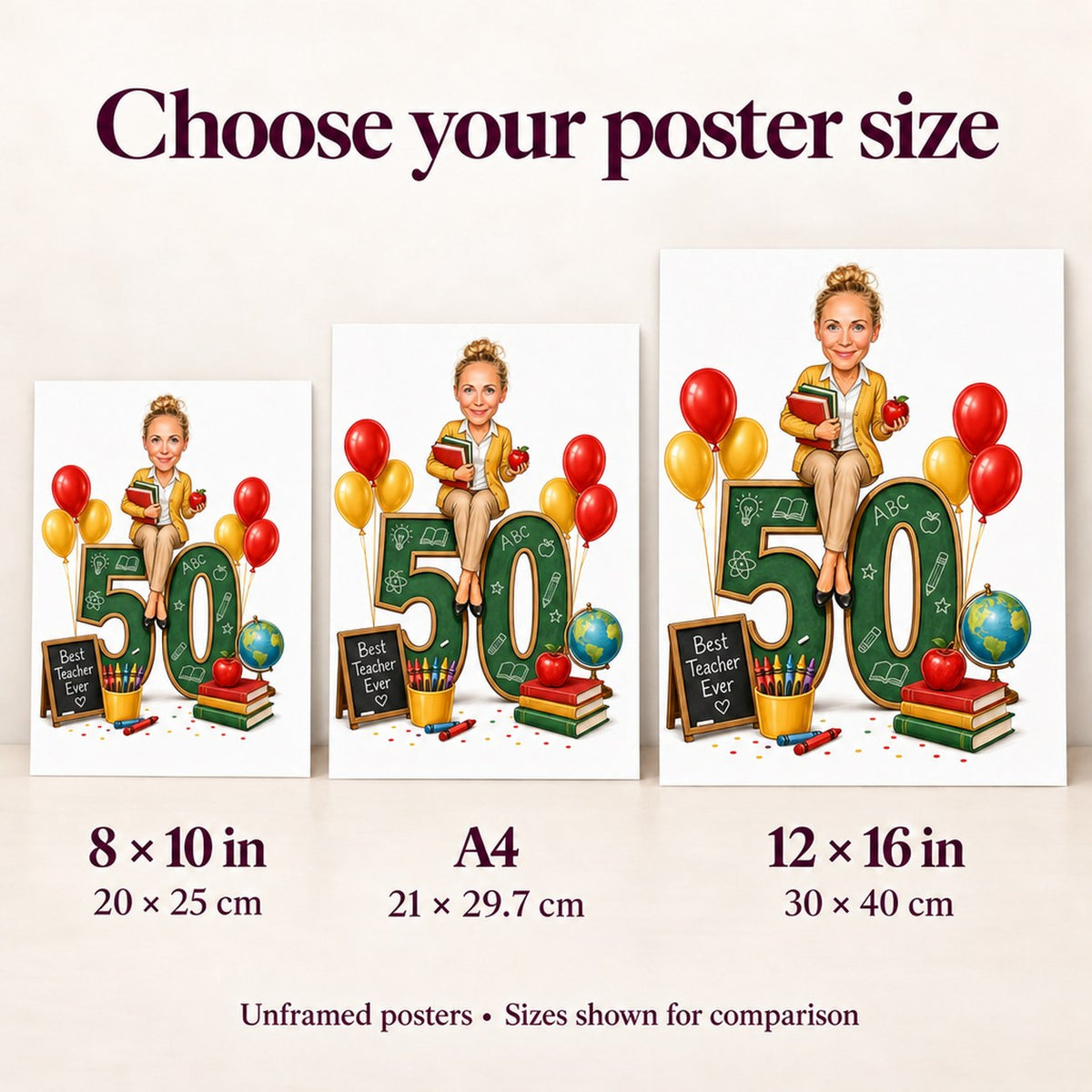 8x10, A4 and 12x16 posters shown side by side for scale.