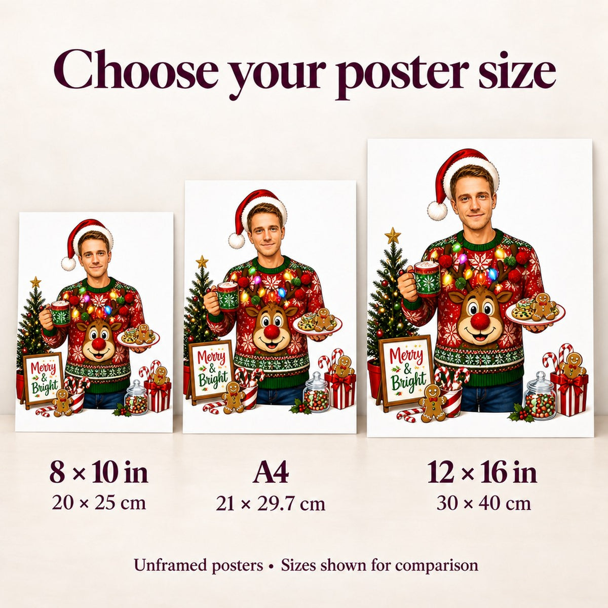 Posters 8x10, A4, and 12x16 shown side by side for scale.