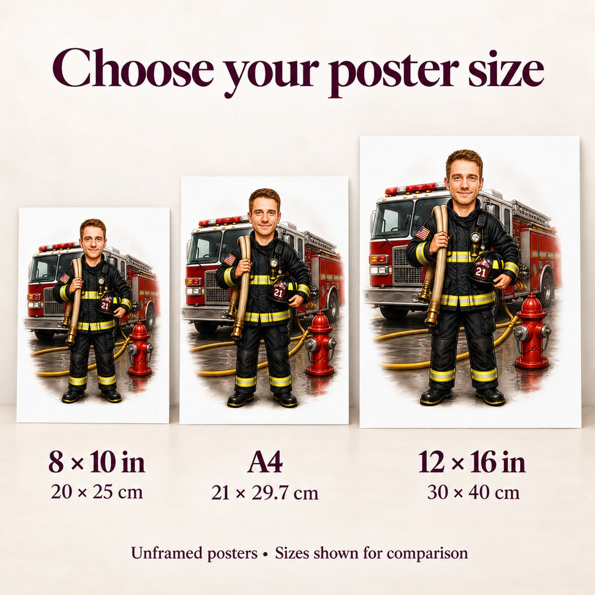 Poster size comparison showing 8x10, A4, and 12x16 against a wall.