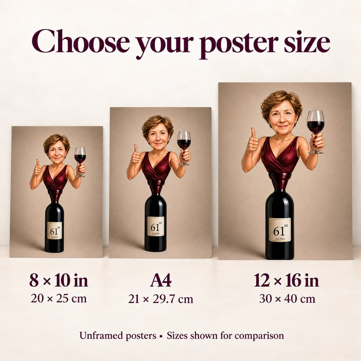 Poster sizes 8x10, A4, 12x16 shown side-by-side for scale.