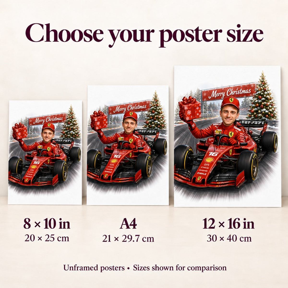 Posters in 8x10, A4, and 12x16 inches shown side by side for scale.