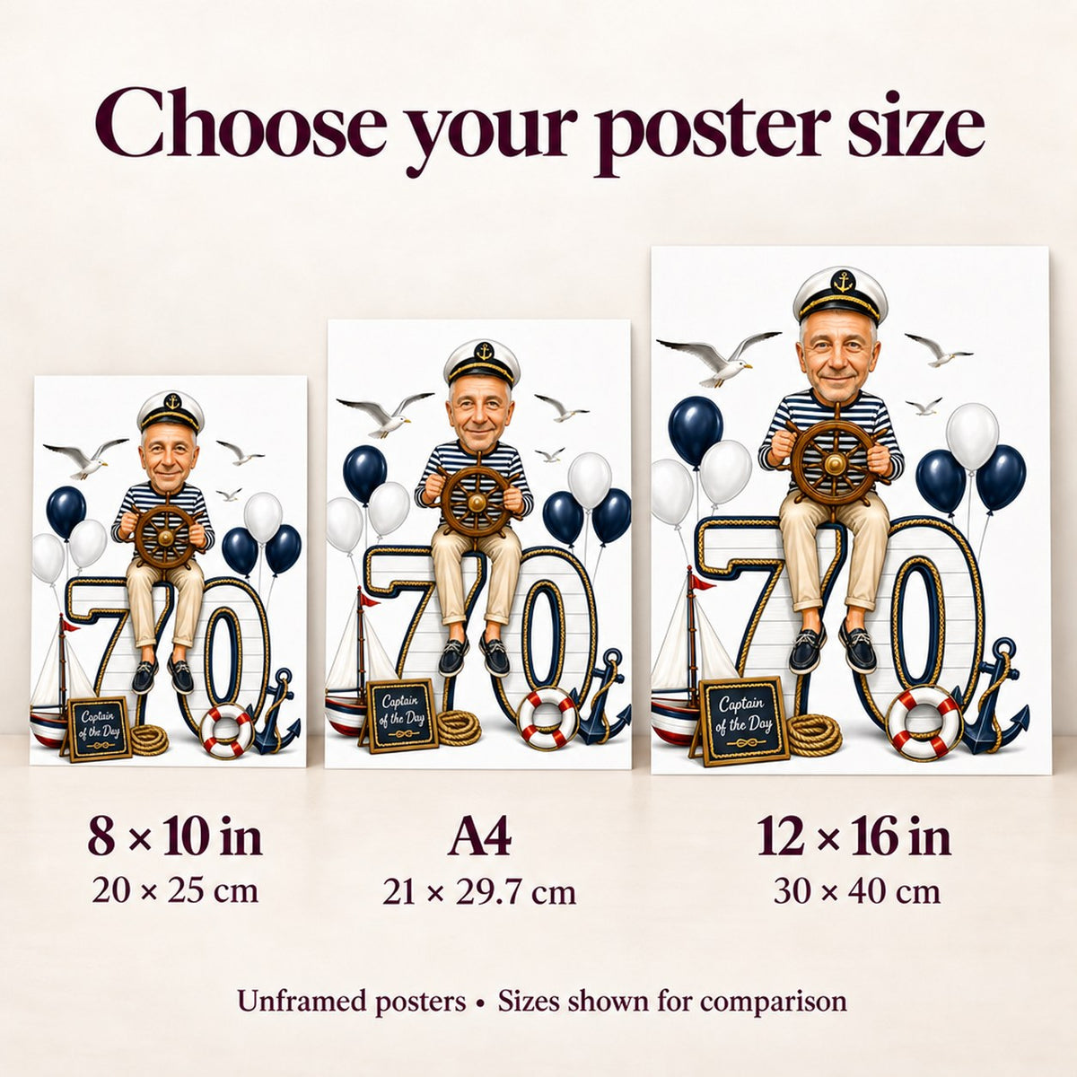 Poster size comparison: 8x10 in, A4, and 12x16 in sailing design.