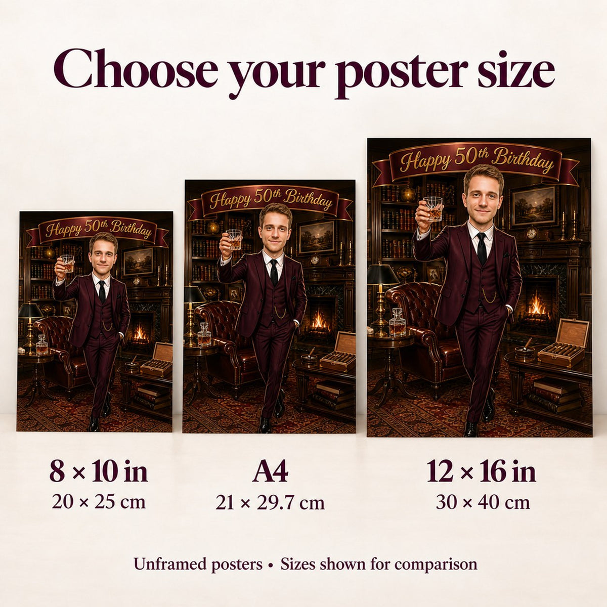 Poster sizes 8x10, A4, and 12x16 shown side by side on wall.