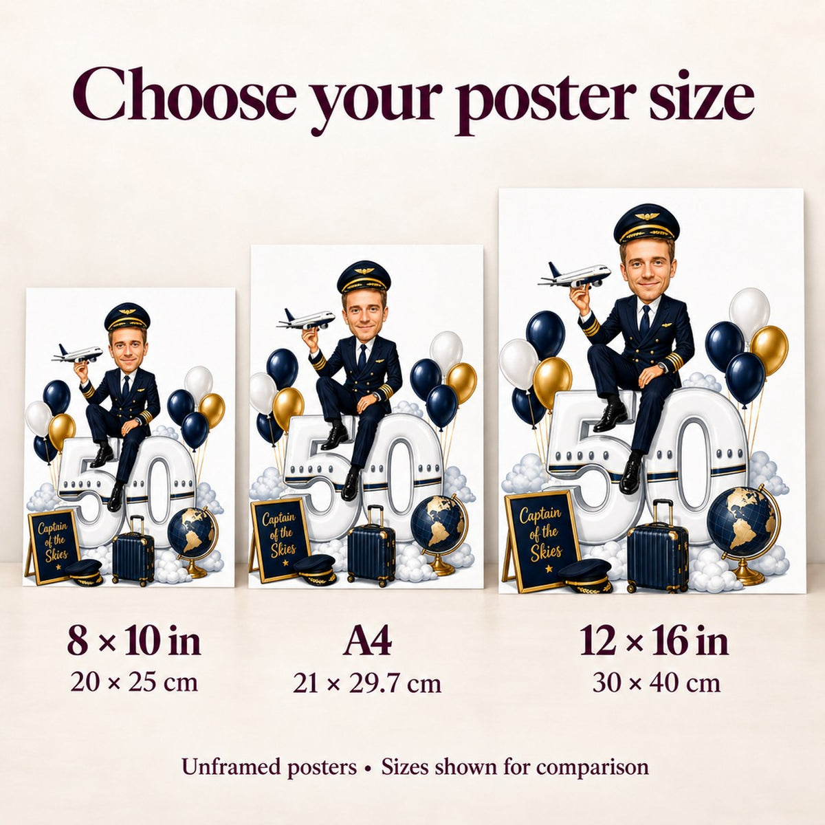 Poster size comparison showing 8x10, A4, and 12x16 pilot birthday caricature.
