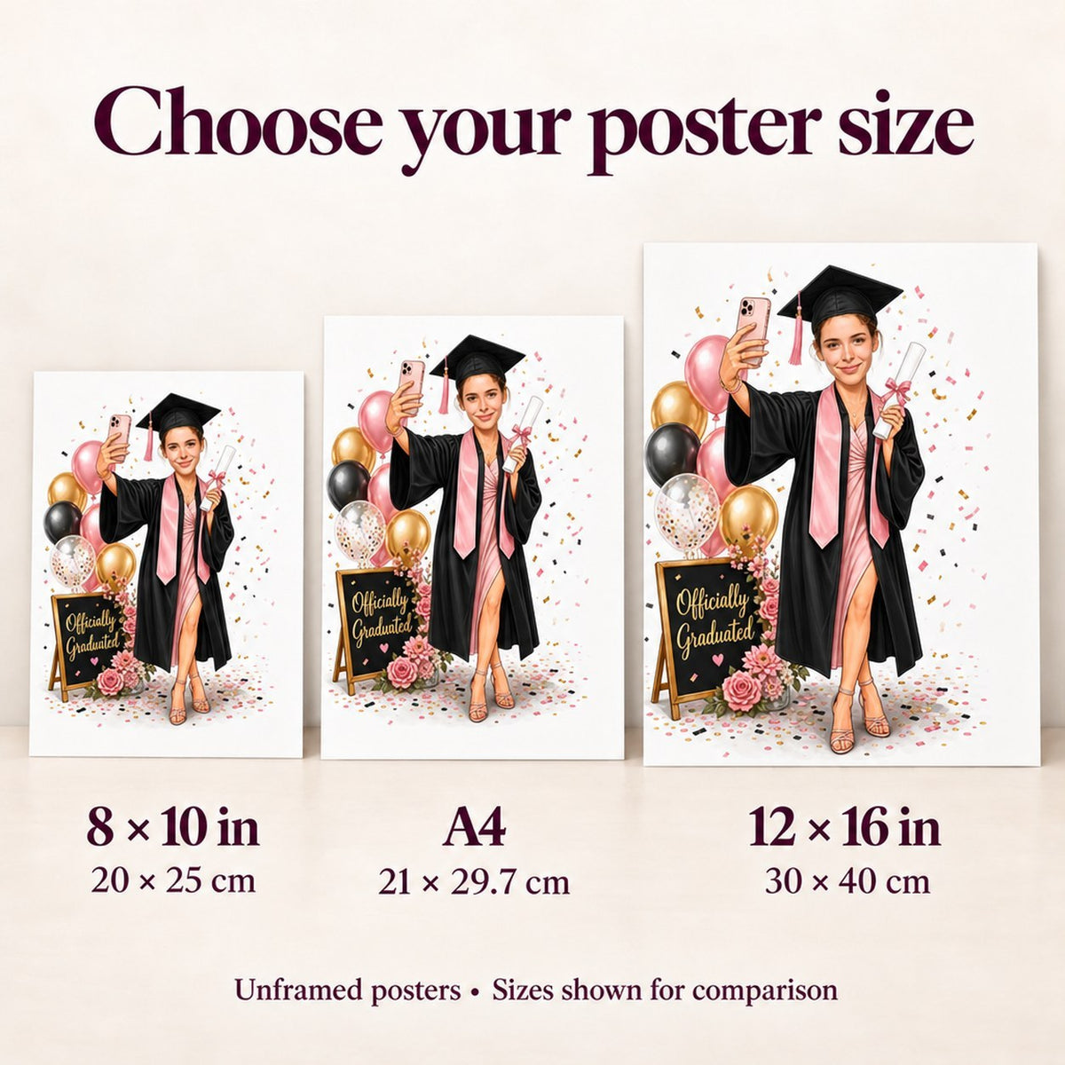 Hands holding 8x10, A4, and 12x16 posters side by side for scale.