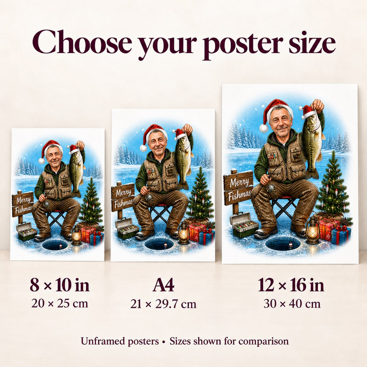 Poster size comparison showing 8x10, A4, and 12x16 Merry Fishmas wall art