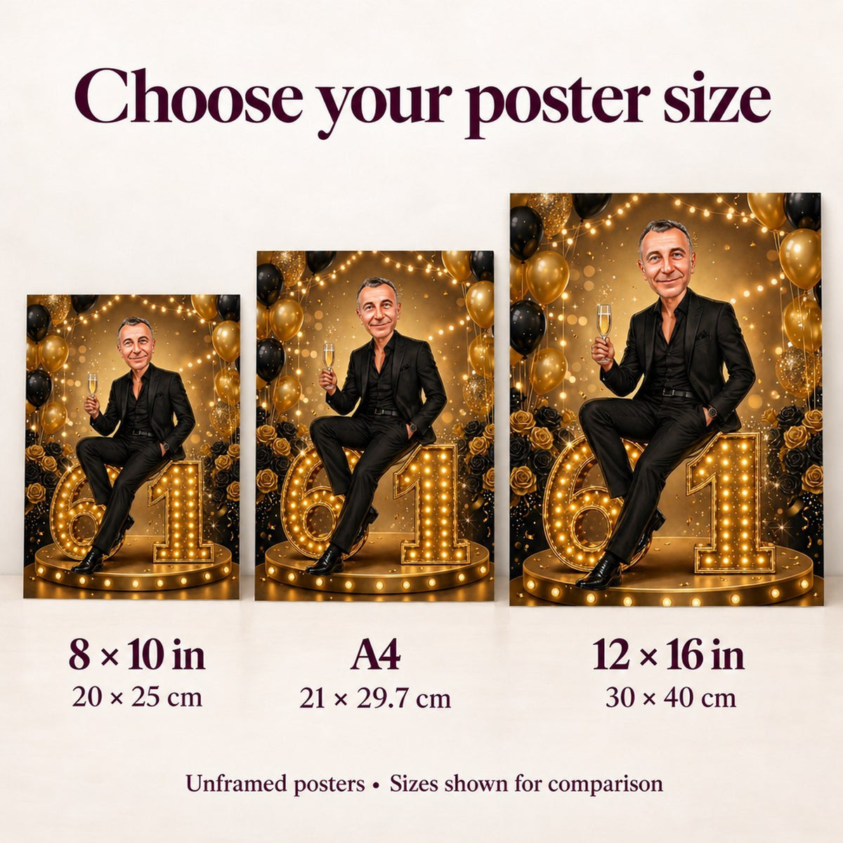 Poster sizes 8x10, A4 and 12x16 shown beside a person for scale.