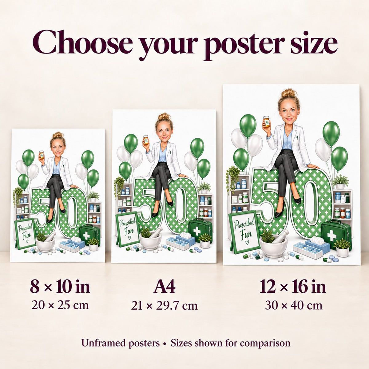 Poster size comparison showing 8x10, A4, and 12x16 inches on wall.
