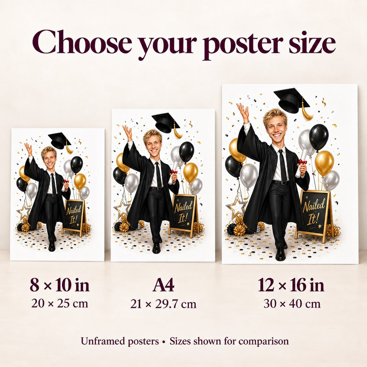 Poster sizes 8x10, A4, 12x16 shown side by side in hands