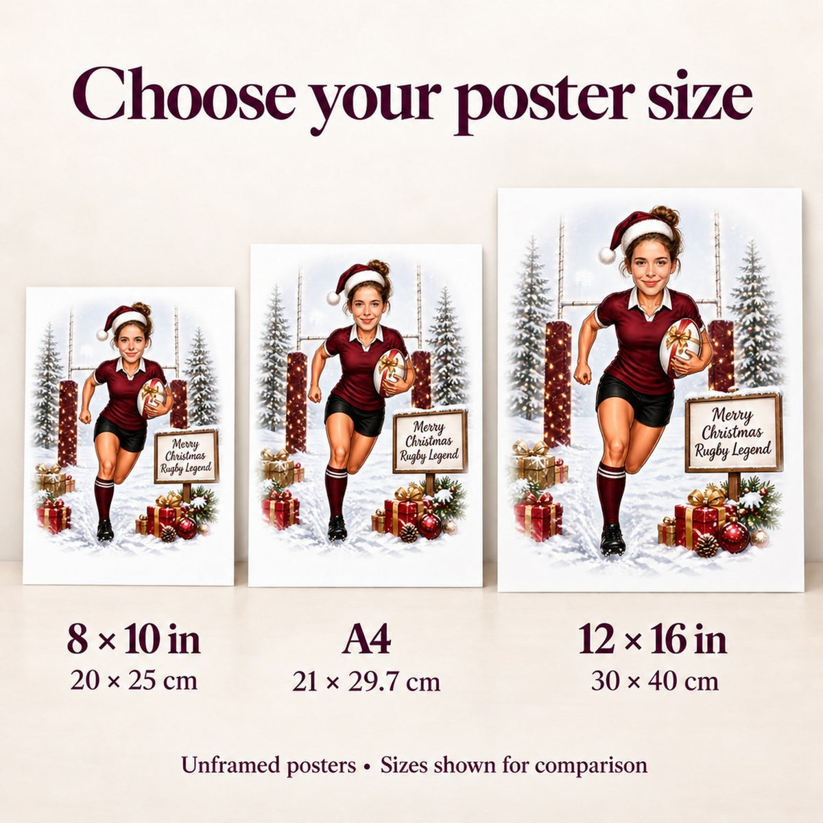 Poster size comparison showing 8x10, A4, and 12x16 rugby Christmas wall art.