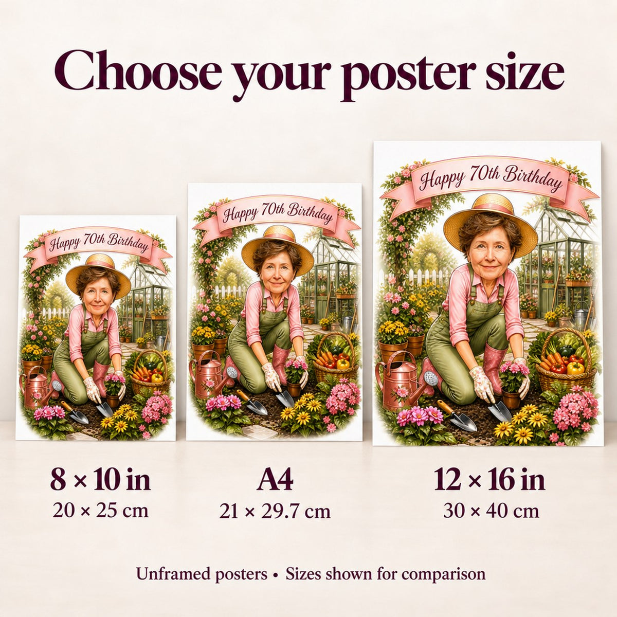 Poster sizes 8x10, A4 and 12x16 compared side by side for scale