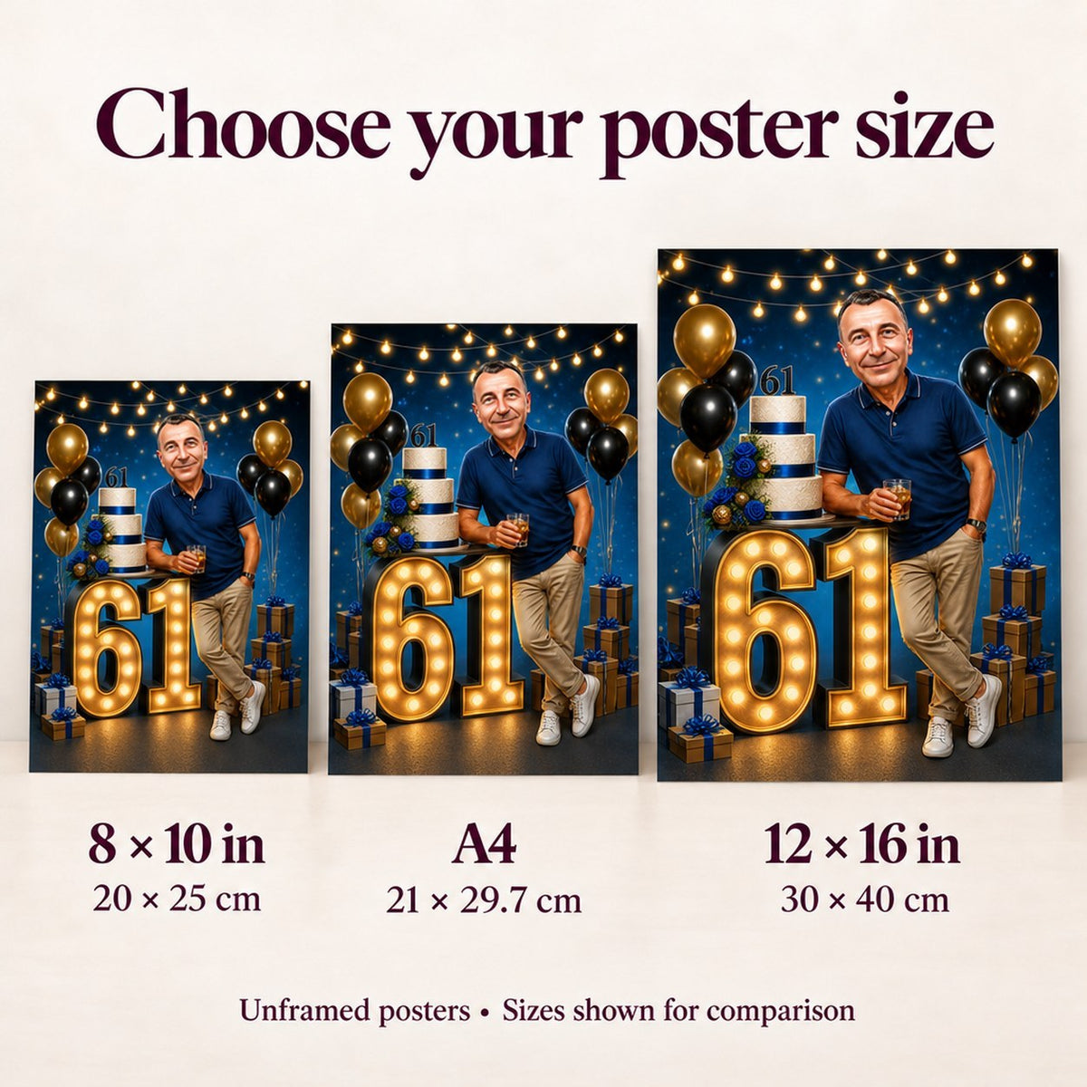 Poster size comparison showing 8x10, A4, and 12x16 inch options.