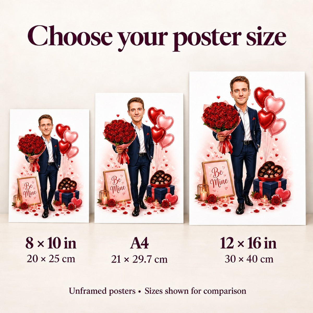 Poster sizes 8x10, A4, and 12x16 shown beside frame and hand for scale.