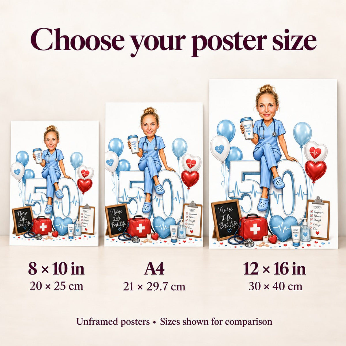 Poster size comparison of 8x10, A4, and 12x16 options