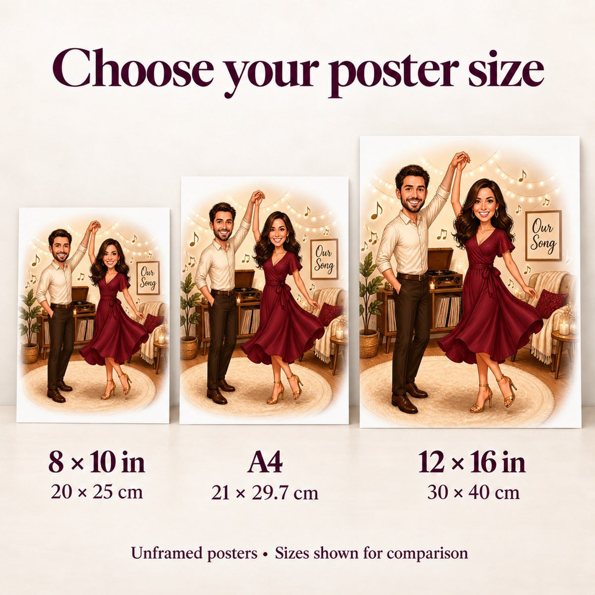 Poster sizes 8x10, A4, and 12x16 compared on wall above sofa