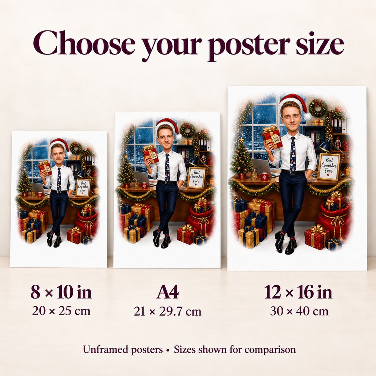 Poster size comparison showing 8x10, A4, and 12x16 options on a wall