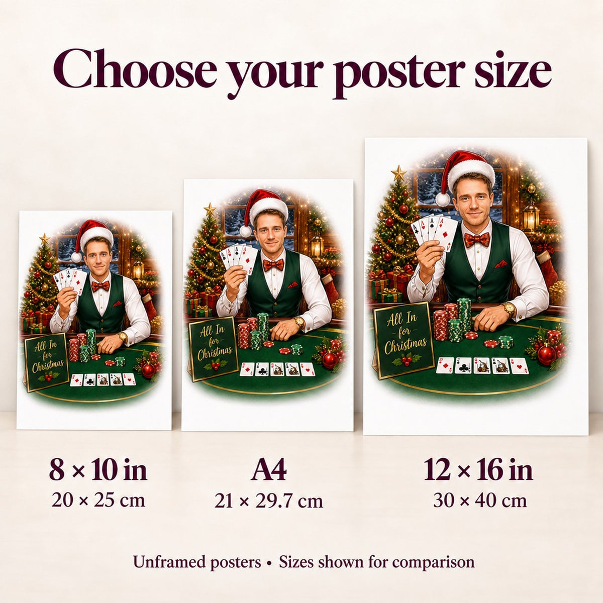 Poster sizes 8x10, A4, 12x16 shown side by side for scale comparison.
