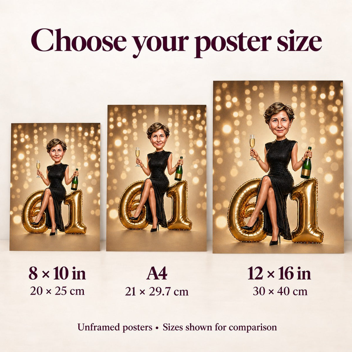 Poster size comparison showing 8x10, A4, and 12x16 inches against a living room wall.