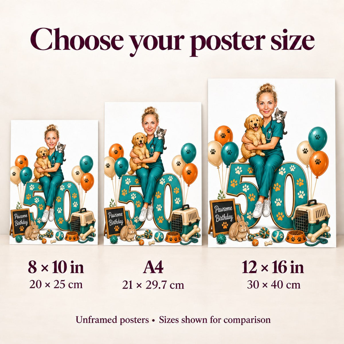 Poster size comparison showing 8x10, A4 and 12x16 prints on wall