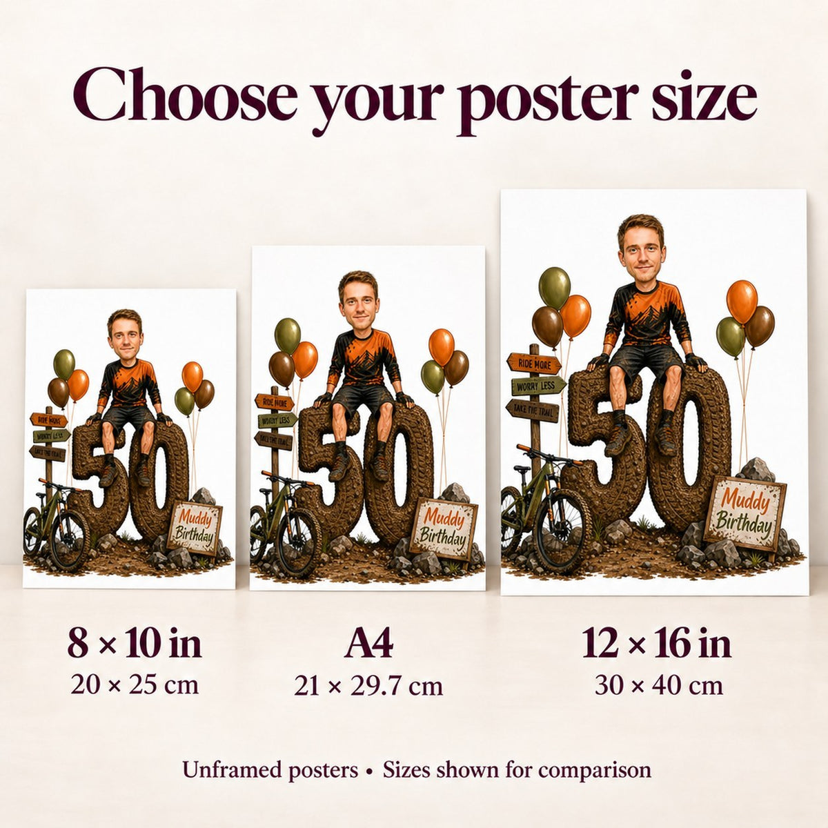 Poster size comparison of 8x10, A4, and 12x16 on wall