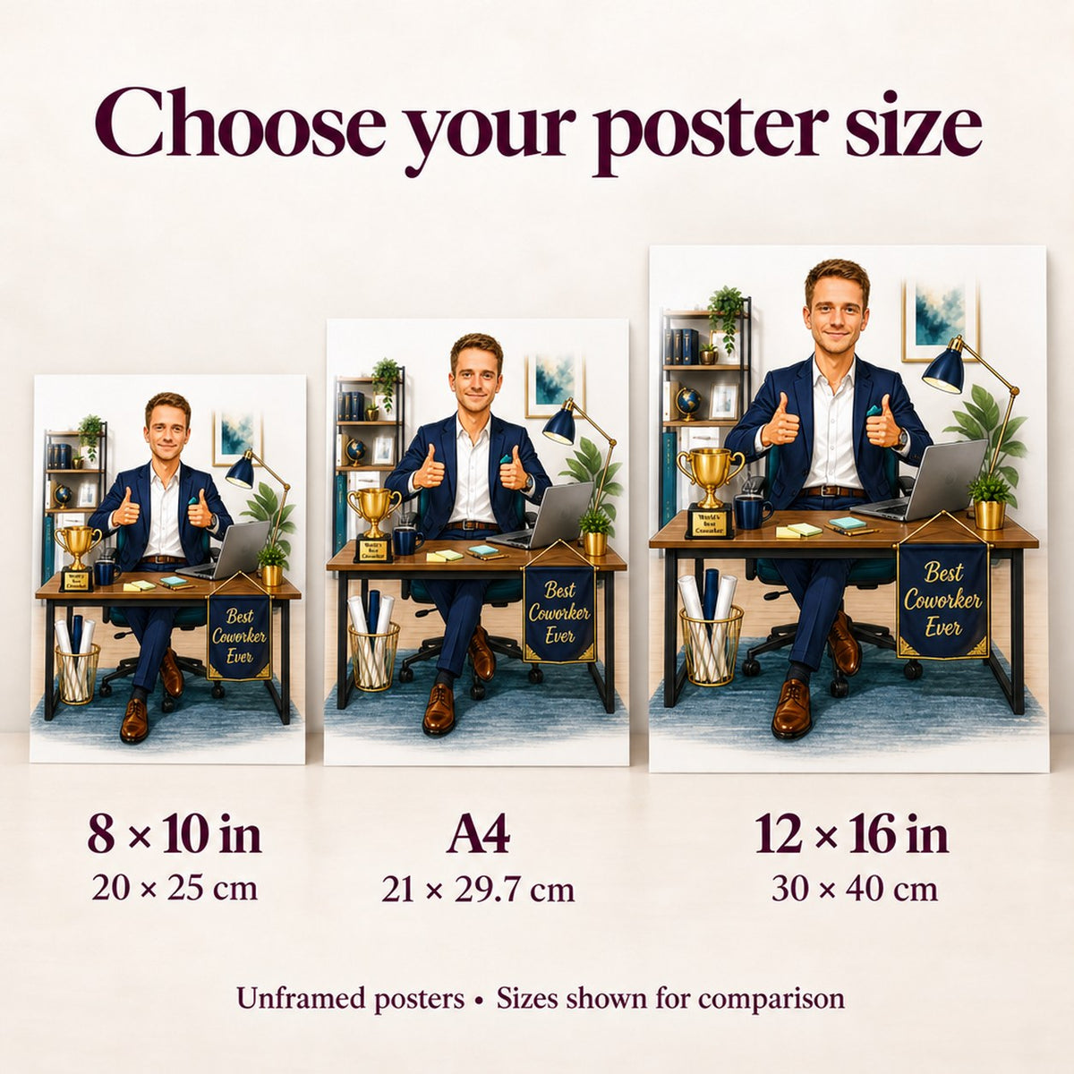Poster sizes 8x10, A4, and 12x16 shown for scale in hands