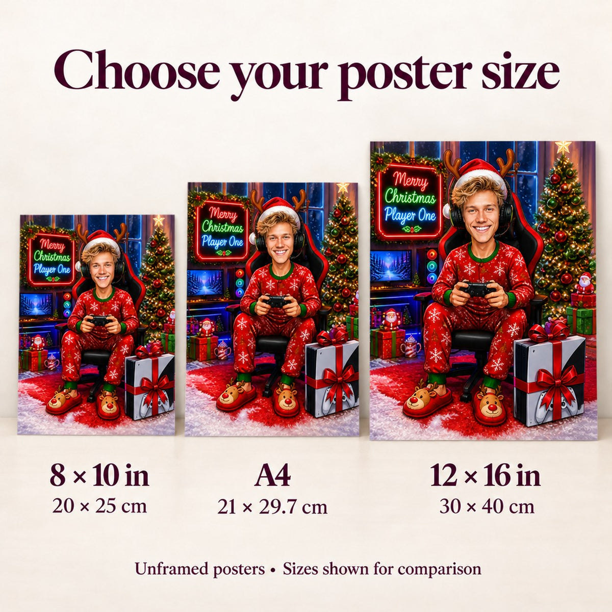 8x10, A4 and 12x16 posters shown side by side for scale.