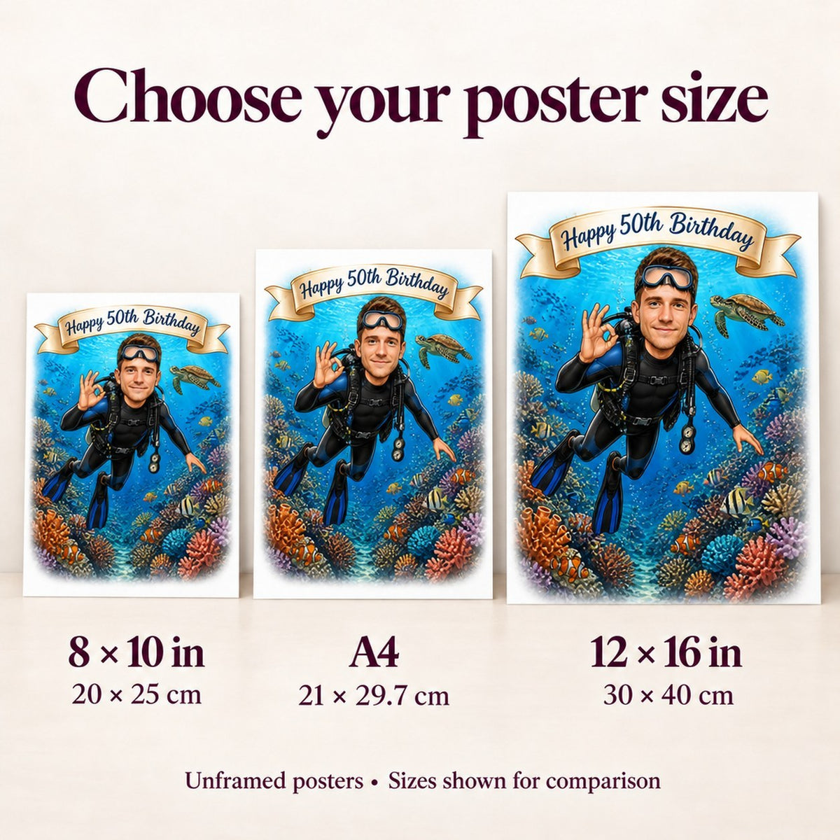 Poster size comparison showing 8x10, A4, and 12x16 scuba birthday prints.