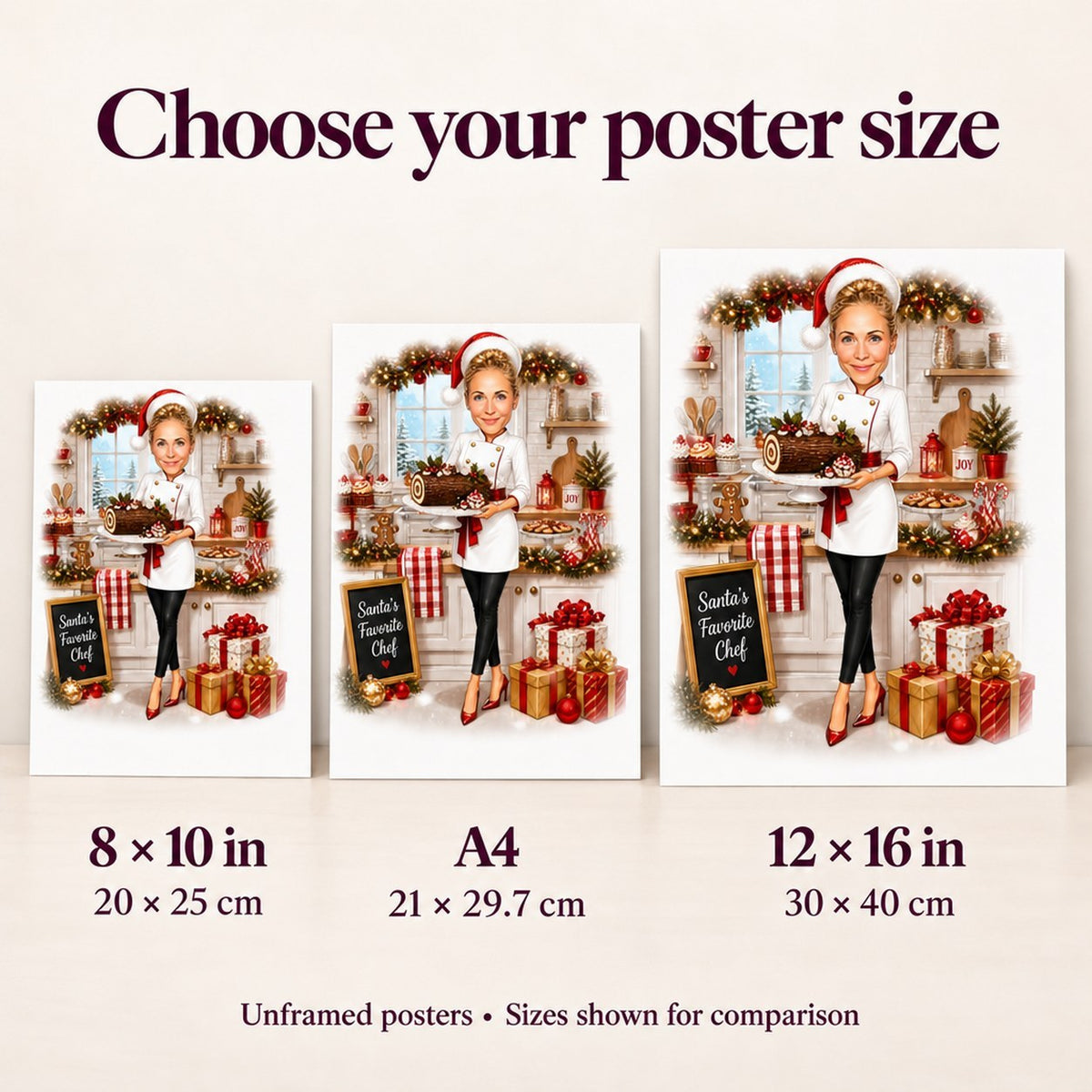 Poster sizes A4, 8x10, and 12x16 shown side by side for scale