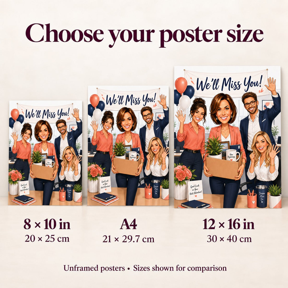 Posters shown in 8x10, A4, and 12x16 inches for easy size comparison