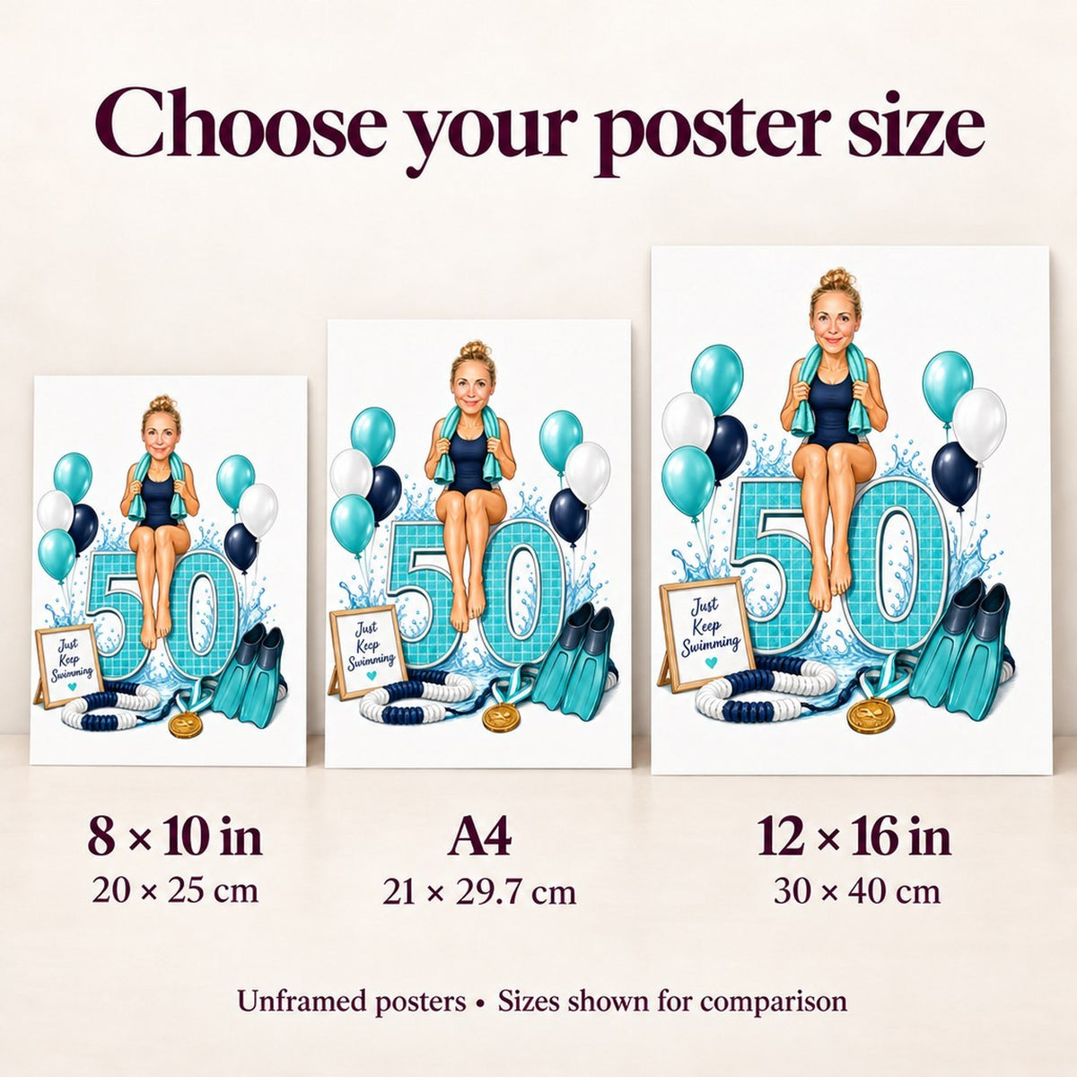 Poster sizes 8x10, A4, and 12x16 compared beside a person for scale.