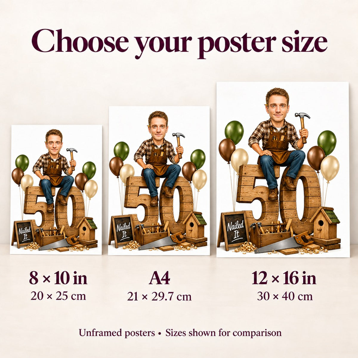 Matte posters 8x10, A4 and 12x16 inches shown side by side for scale.