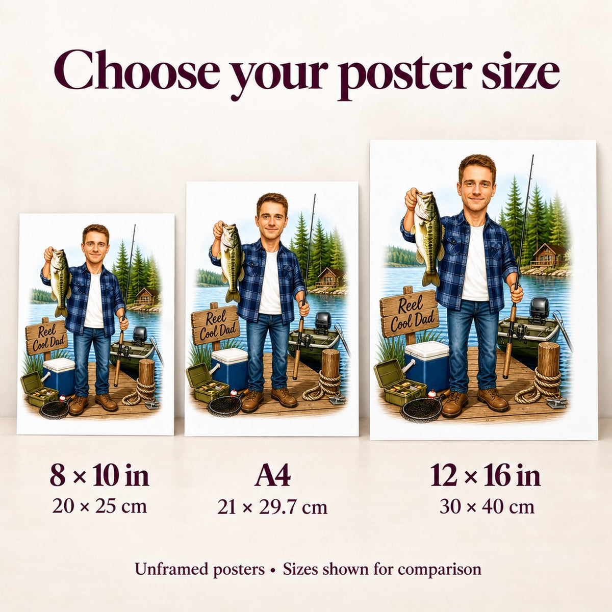 Poster size comparison showing 8x10, A4, and 12x16 fishing caricature.