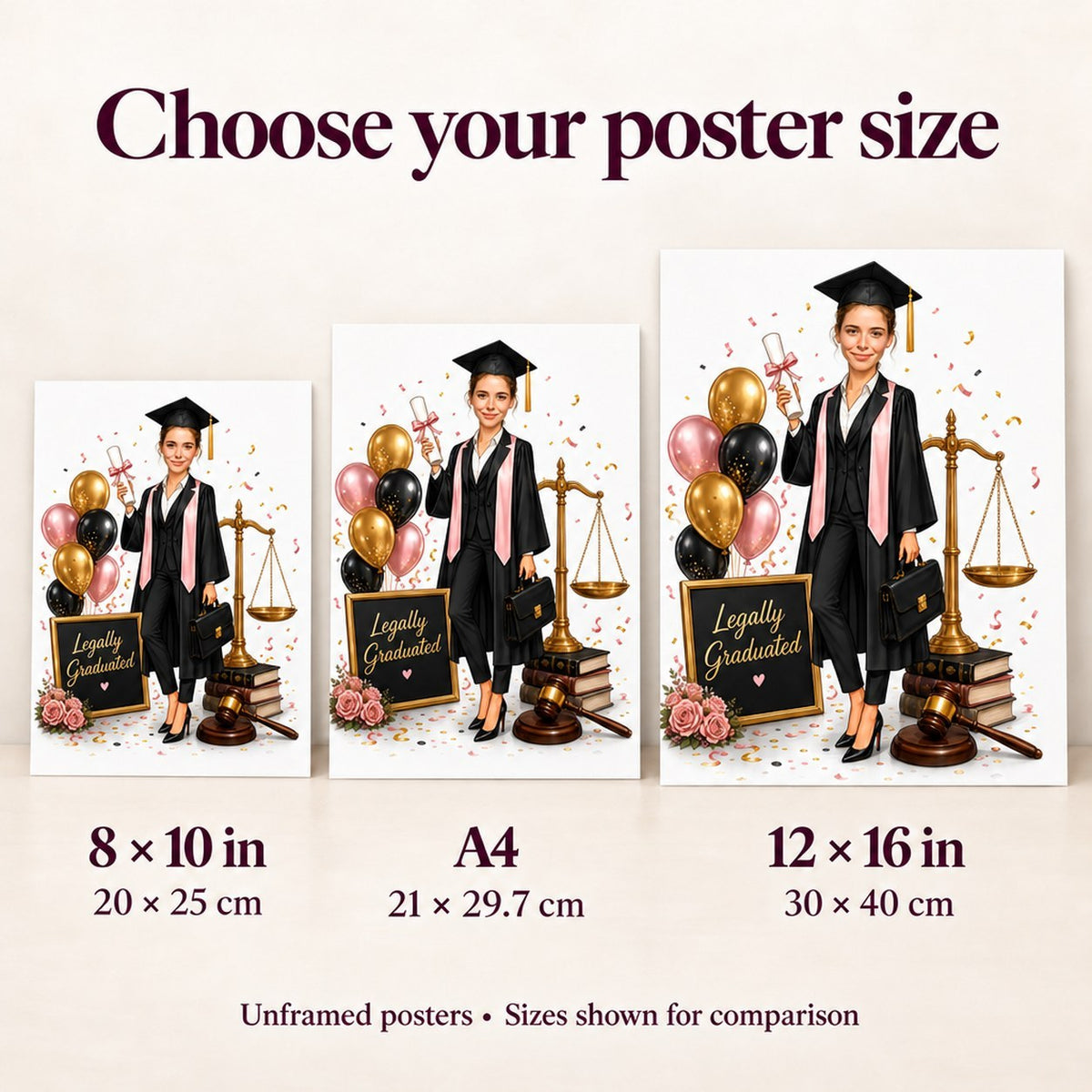 8x10, A4, and 12x16 posters compared side by side with pen and book.
