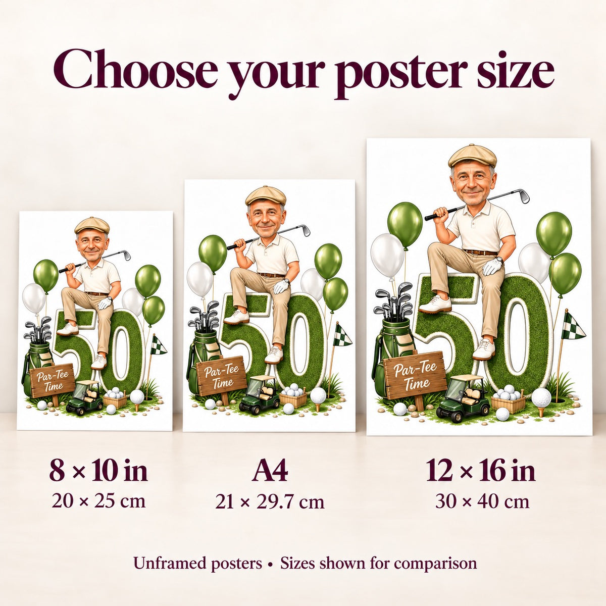 Poster size comparison showing 8x10, A4, and 12x16 inches on wall