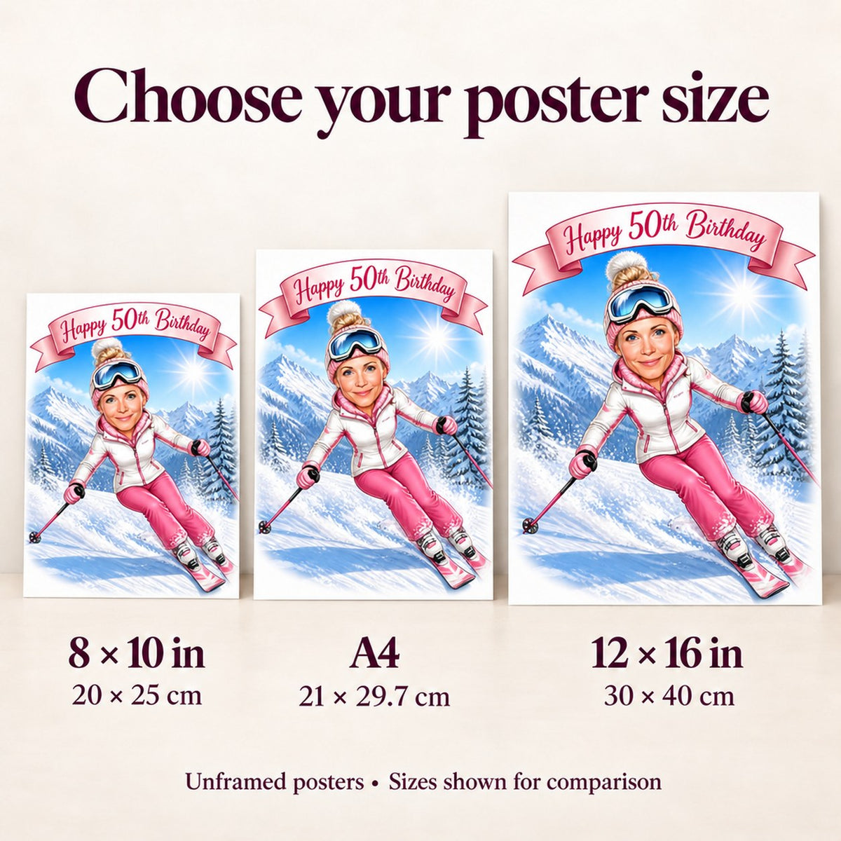 Poster size comparison showing 8x10, A4, and 12x16 prints side by side.