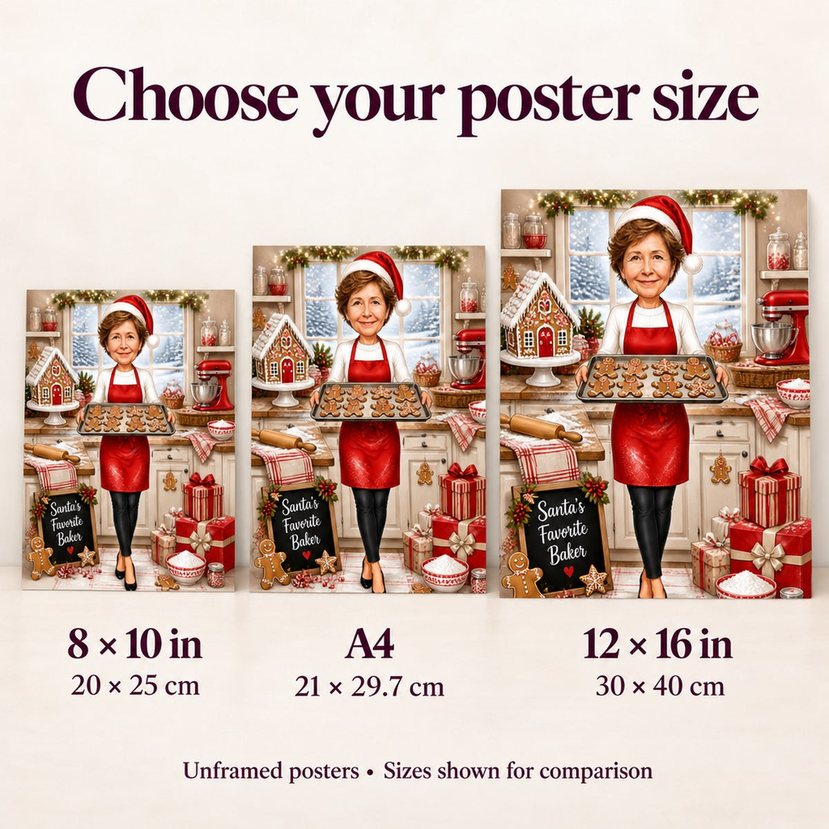 Poster size comparison of 8x10, A4, and 12x16 prints beside wrapped gifts.