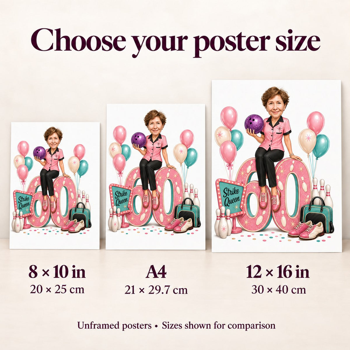 Poster size comparison featuring 8x10 inch, A4, and 12x16 inch options side by side.