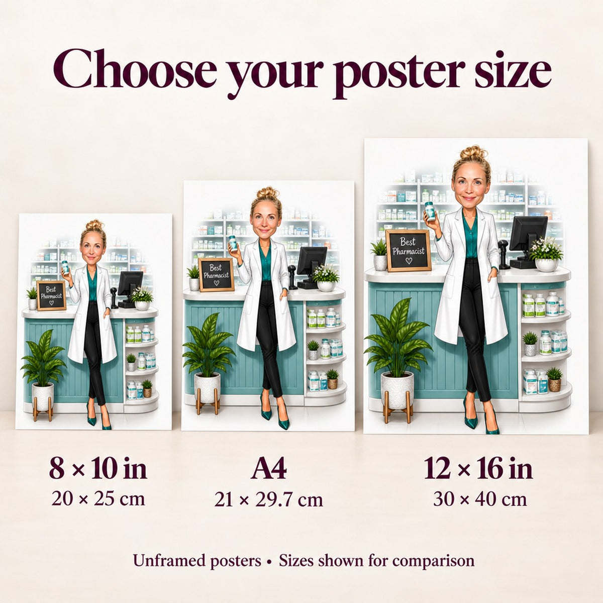 Poster size comparison showing 8x10, A4, and 12x16 inches on wall.