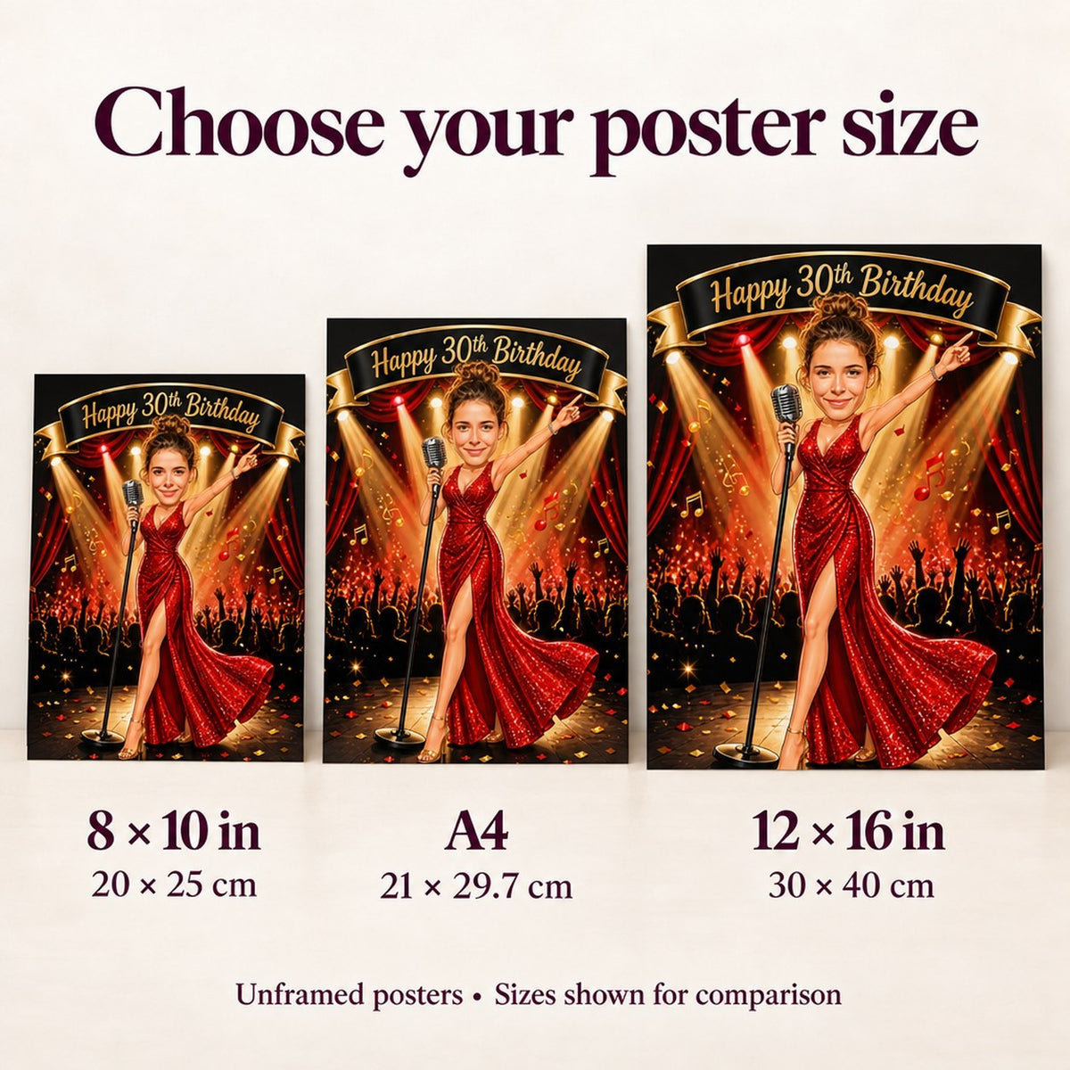 8x10, A4, and 12x16 posters shown for scale beside hands and sofa.