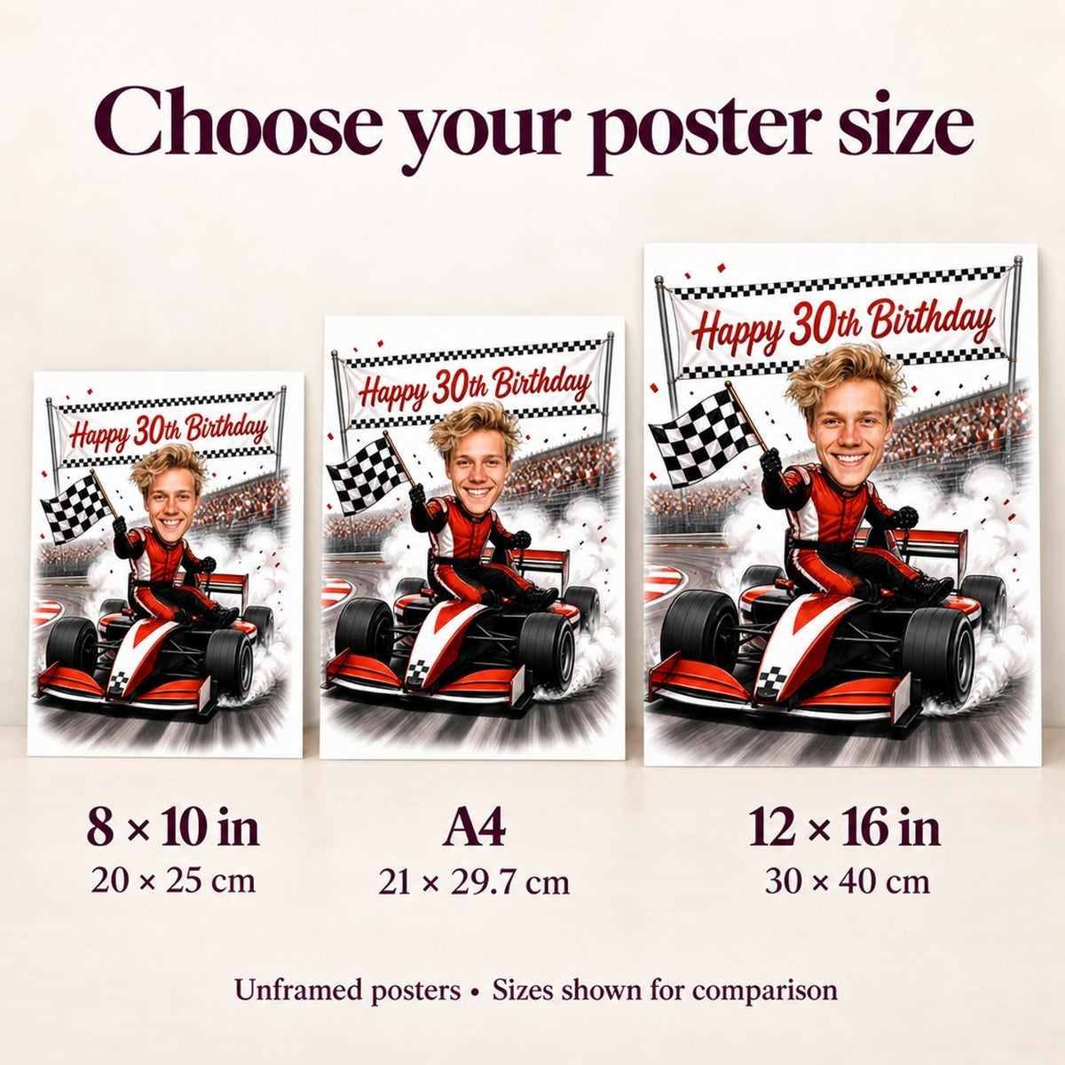 Poster size comparison showing 8x10, A4, and 12x16 dimensions side by side
