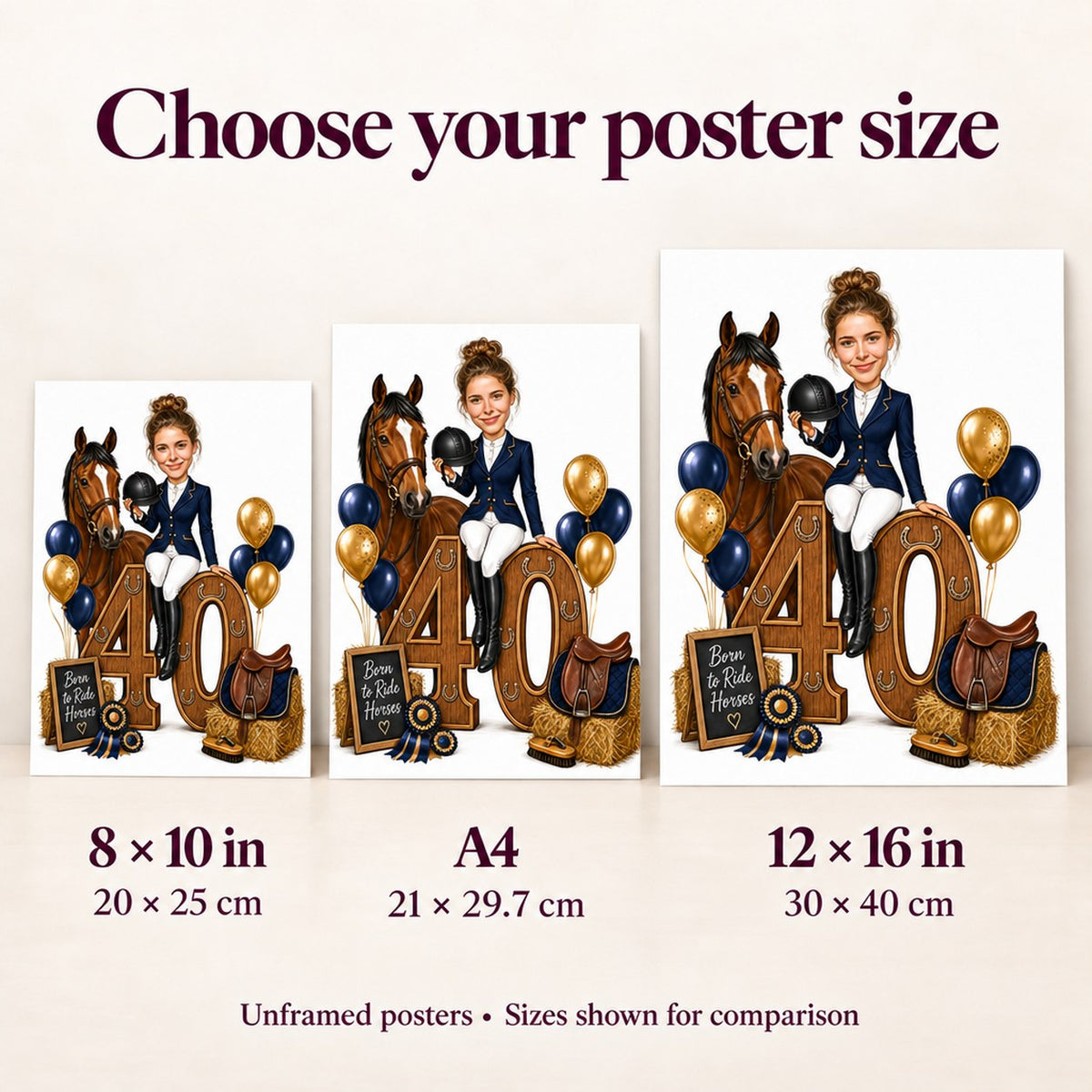Poster sizes 8x10, A4, and 12x16 displayed side by side.