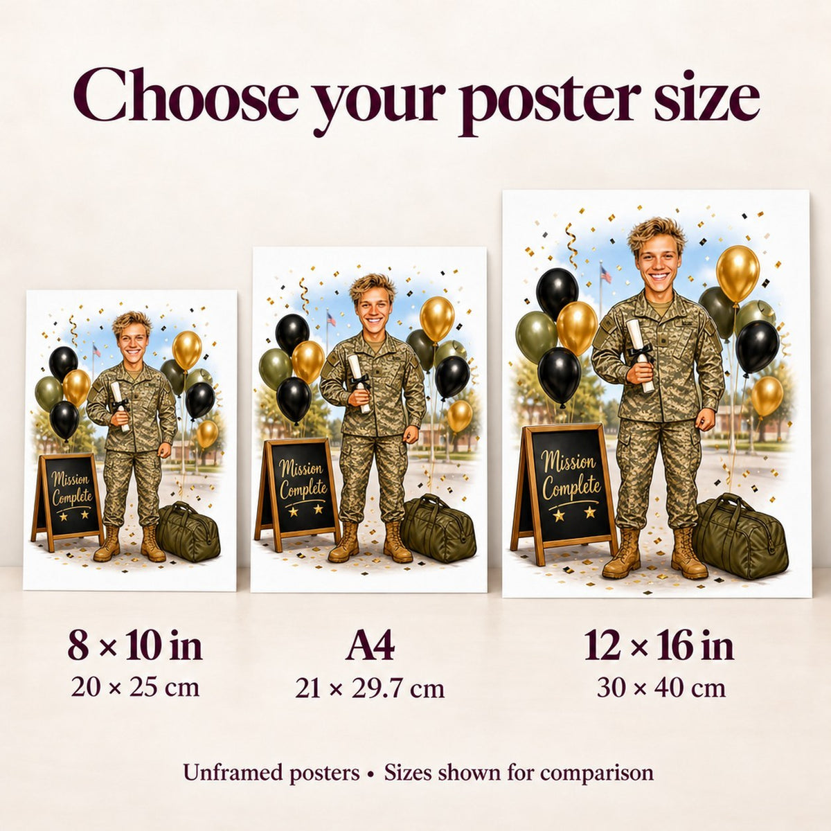 Matte posters in 8x10, A4, and 12x16 compared side by side.