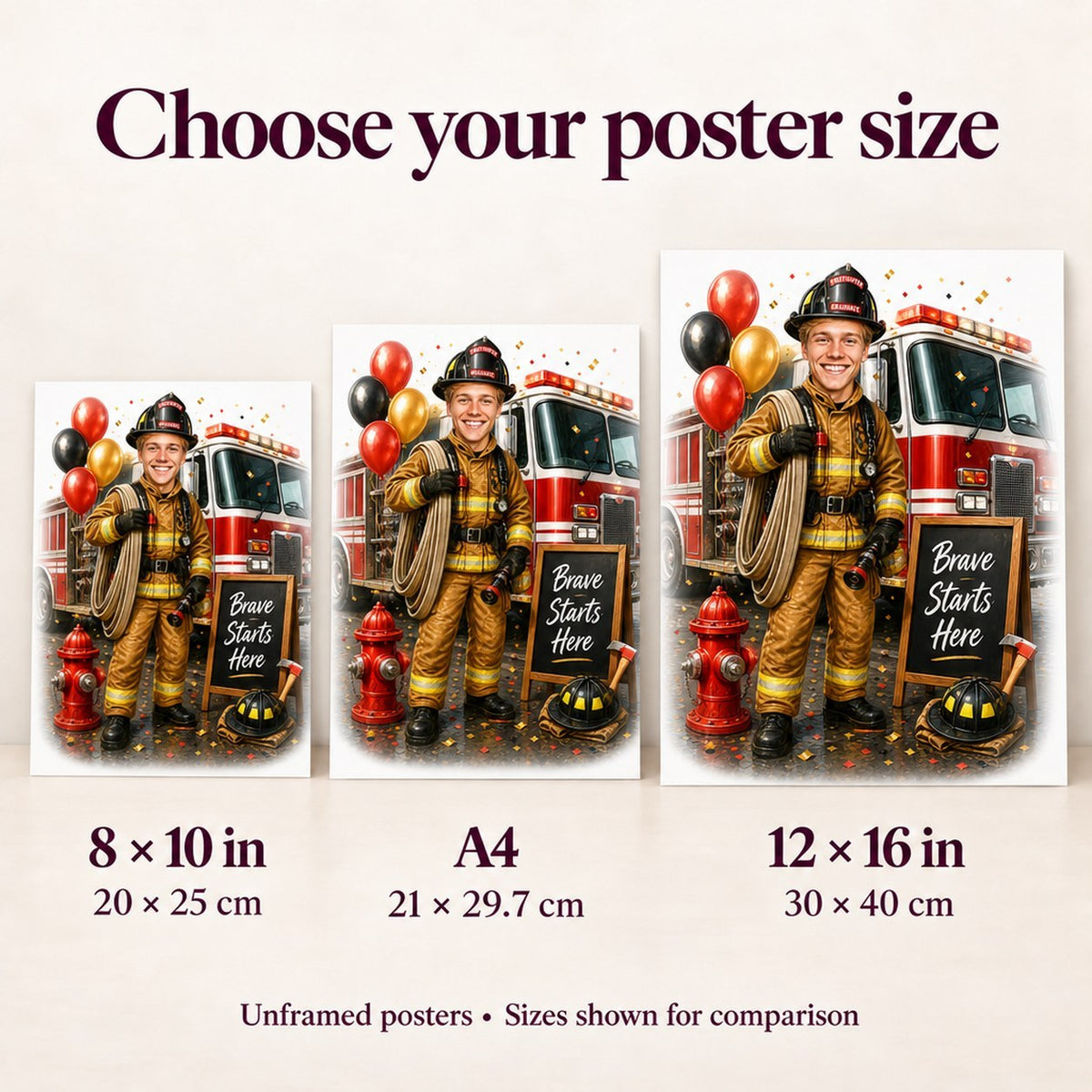 Poster size comparison showing 8x10, A4, and 12x16 inch options side by side.