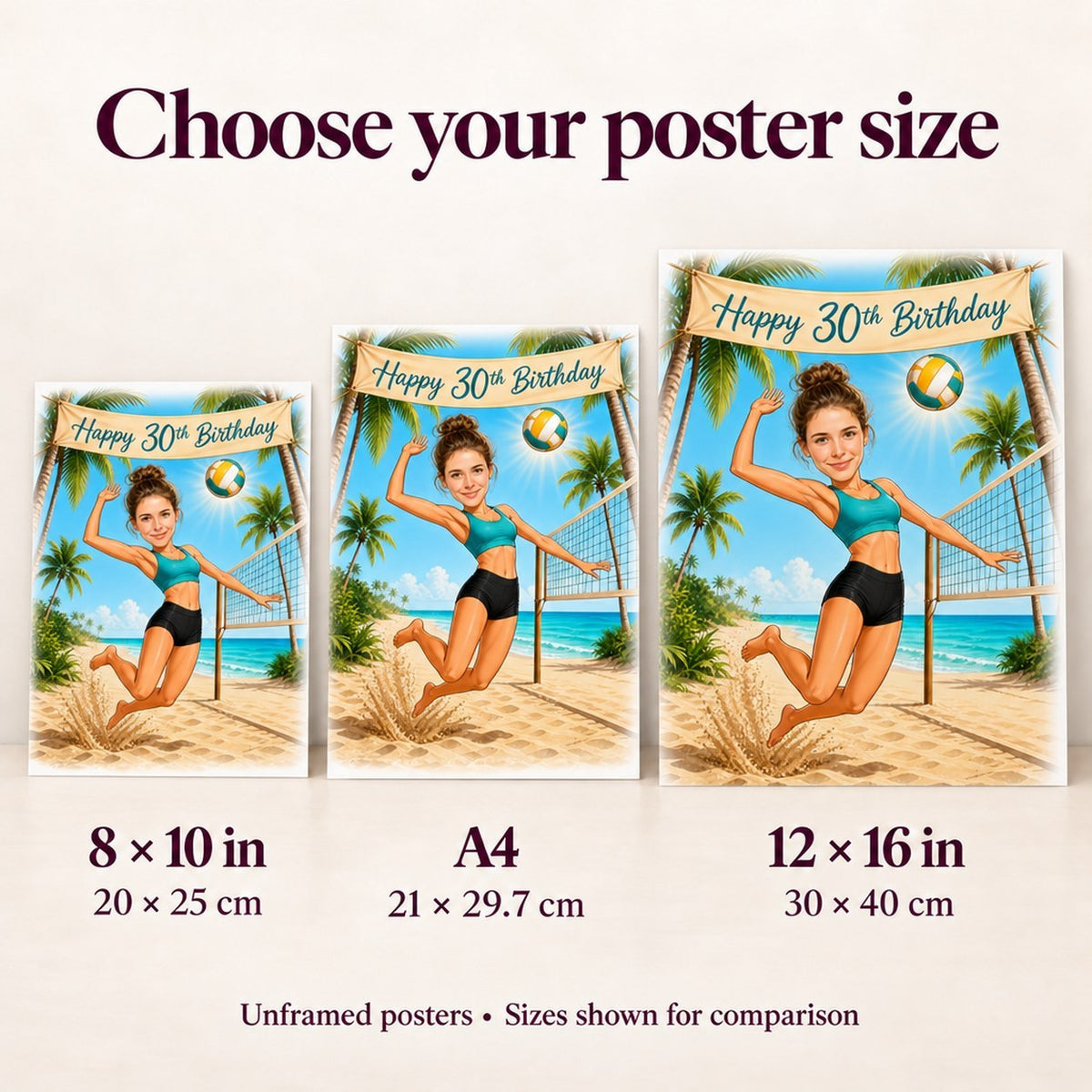 Poster in 8x10, A4 and 12x16 inch sizes compared on wall