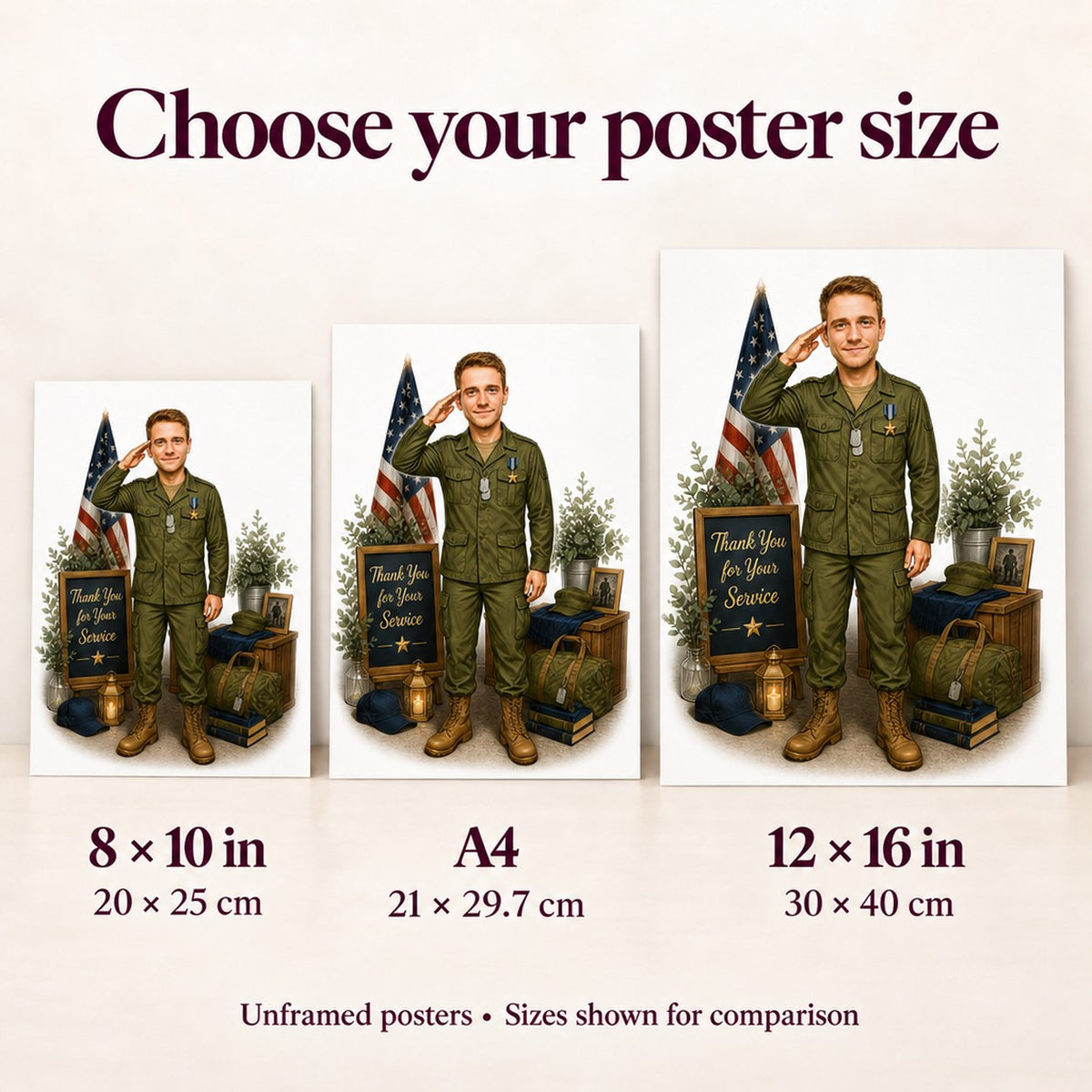 Poster sizes 8x10, A4, and 12x16 inch shown next to person for scale.