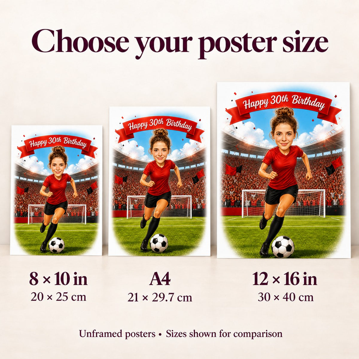 Side-by-side poster sizes 8x10, A4, and 12x16 inches for scale.