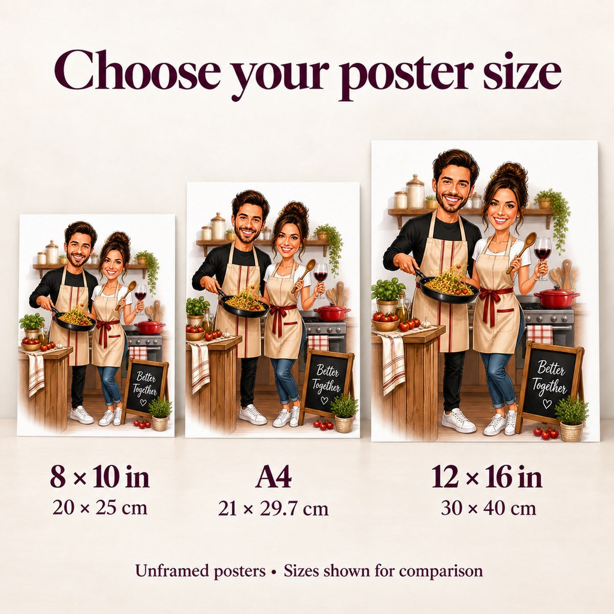 Poster size comparison: 8x10, A4, and 12x16 matte poster options side by side.