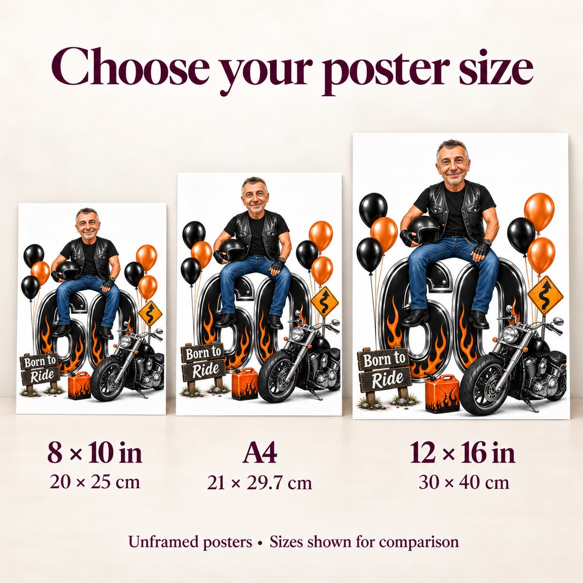Poster sizes 8x10, A4, and 12x16 inches shown side by side.