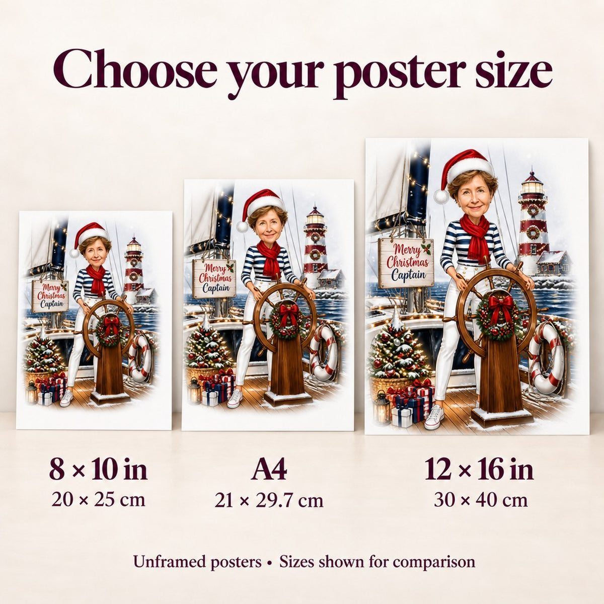 Poster size comparison displaying 8x10, A4, and 12x16 options on a wall