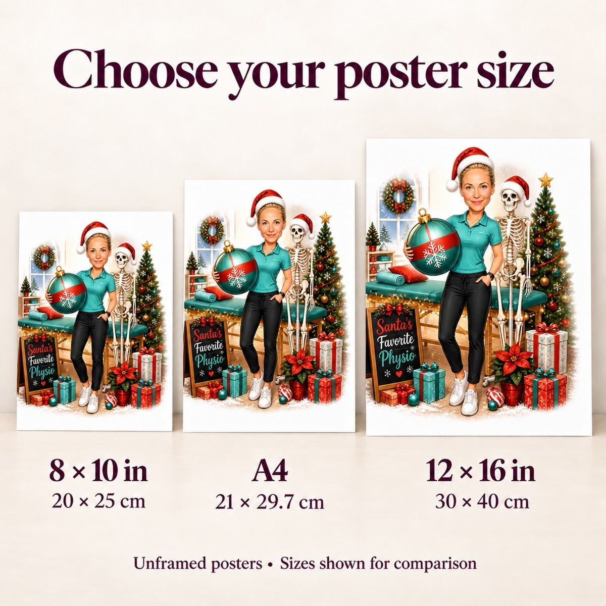 Poster size comparison showing 8x10, A4, and 12x16 physio Christmas caricature dimensions on wall